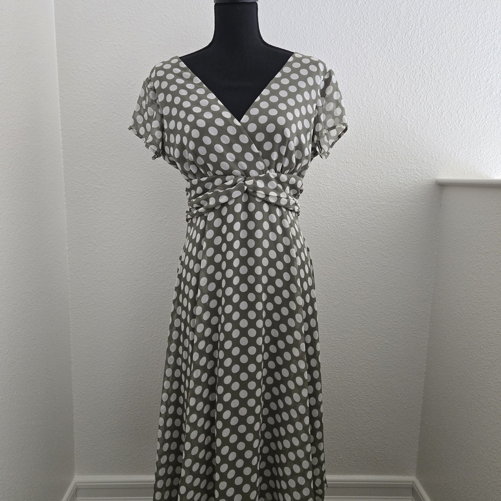Dress Barn Gray Polka Dot Midi Dress